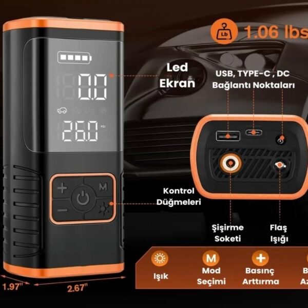 Hava Kompresörü 5400 mAh 4IN1 Şarjlı+Araç Çakmaklık Taşınabilir Araç Lastik Top Şişirme Pompası Oto